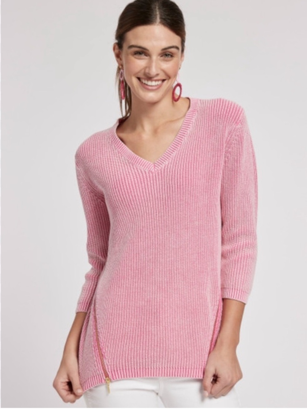 TYLOR BÖE Cotton Mineral Wash Shaker V-Neck Pink Ribbed V-Neck Sweater S